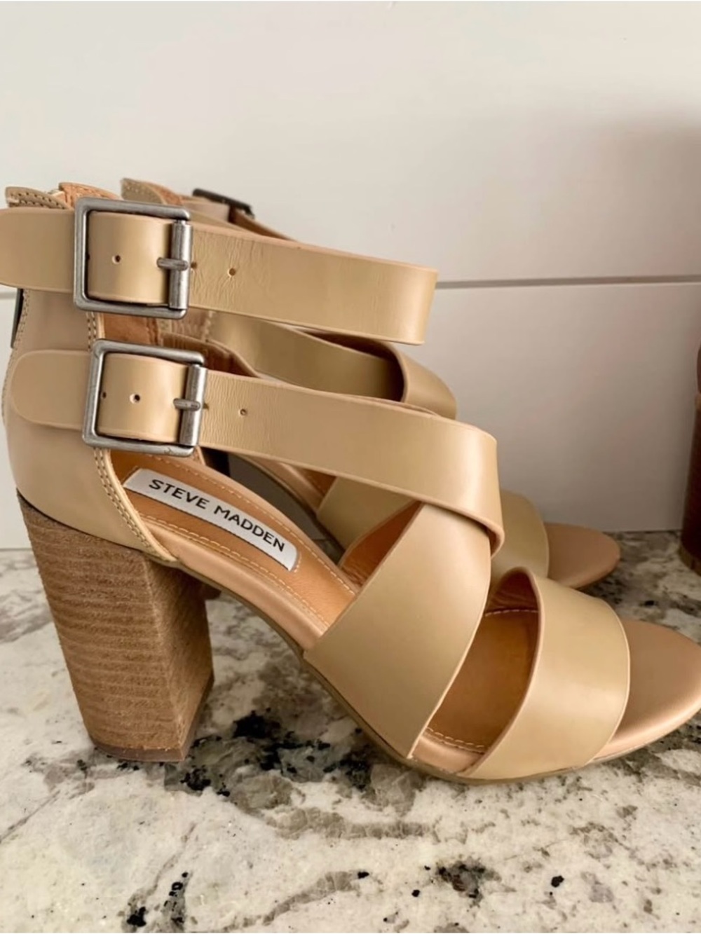 Steve Madden Beige Cross-Strap Block Heel Sandals